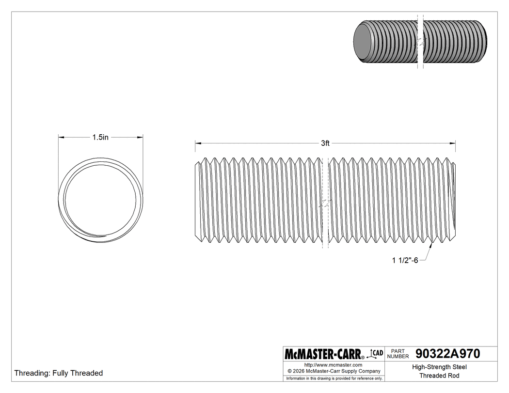 Technical Drawing of High-Strength Steel Threaded Rod, 1-1/2"-6 Thread Size, 3 Feet Long.